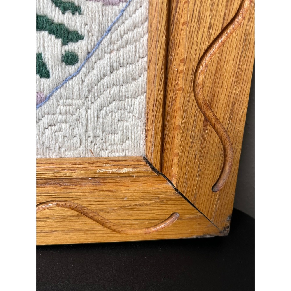 Vintage Crewel Yarn Embroidered Winter Scene Cabin River Framed Wall Art 20x15 - Picture 3 of 7